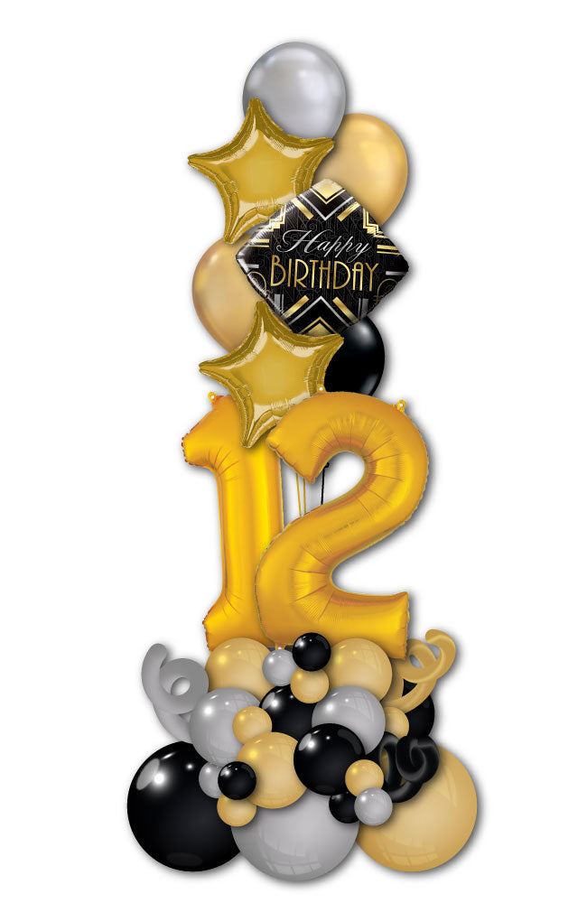 Gold, Silver, Black Birthday Tower with Two Digit Number