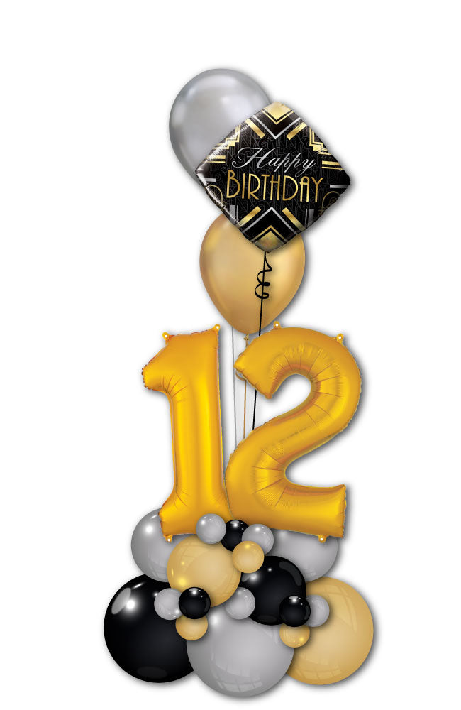 Gold, Silver, Black Birthday Tower with Two Digit Number