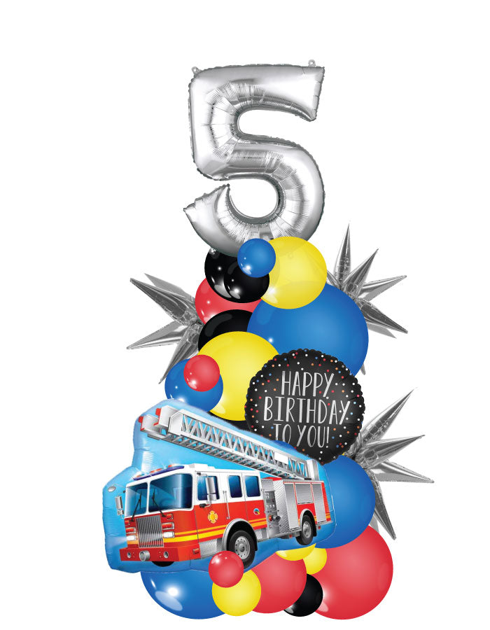 Fire Truck Organic Column with One Number Balloon Bouquet